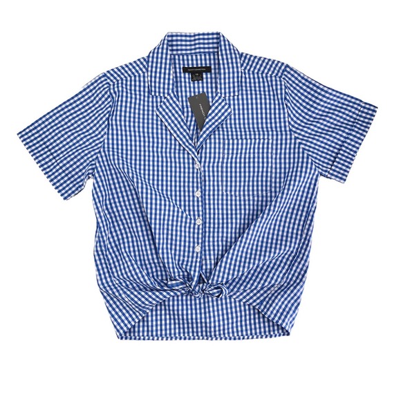 French Connection NEW Women Size Large Tatus Check Tie Front Shirt Short Sleeves - Picture 7 of 8